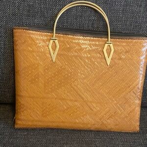Vintage Woven Tan Tote Bag with Gold Handles